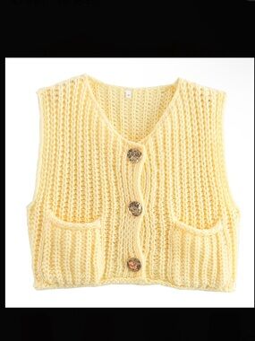 Chunky Knit Button Front Vest in Pale Yellow